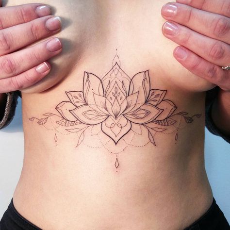 🔸✨🔸 Last work before vacation 🤗 #IB_TATTOOING #tattoo #ink #inked#inkspiration #girlytattoo #linework #ornamentaltattoo #lotustattoo #lotusflower #underboobtattoo #unalometattoo Ira Tattoo, Sternum Tattoo Design, Underboob Tattoo Designs, Unalome Tattoo, Chest Tattoos For Women, Tattoo Lettering Fonts, Stomach Tattoos, Sternum Tattoo, Lotus Tattoo