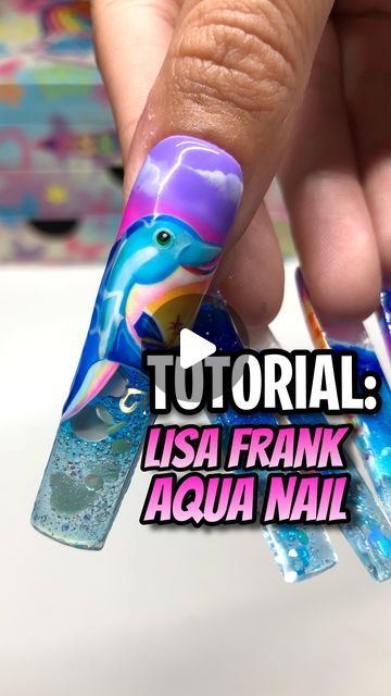 Lisa Frank Nail Designs, Lisa Frank Nails Acrylic, Curved Nails Acrylic, Aquarium Nails Design, Lisa Frank Nails, Nail Magazine, Nails Miami, Aqua Nail, Aquarium Nails