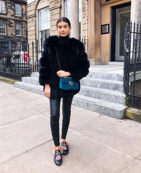 Street style, fur coat, Gucci floral princetown slippers, velvet Gucci Marmont bag, Teal blue, Turquoise @fashionbymnp Black Fur Coat Outfit, Princetown Gucci, Fur Coat Street Style, Velvet Gucci, Slipper Outfit, Black Fur Jacket, Mules Outfit, Slippers Outfit, Fur Coat Outfit