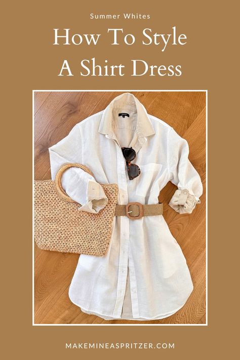 White Shirt Dress Pin Collage. What Shoes To Wear With Shirt Dress, Beige Shirt Dress Outfit, White Shirt Dress Street Style, Styling A Shirt Dress, Mini Shirt Dress Outfit, White Shirt Dress Outfit Classy, How To Style A Shirt Dress, Button Up Dress Outfit, Shirt Dress Outfit Ideas