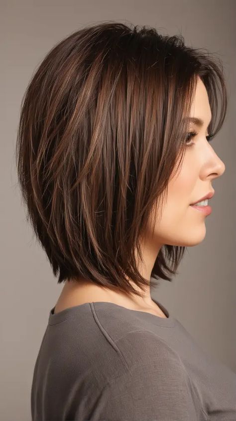 23 Transform Your Look with a Line Bob Haircuts for Women - Styles, Tips, and Trends for 2024 Bob Hairstyle Layered, Short To Medium Haircuts For Women, Shoulder Length Stacked Hair, Shaggy Inverted Bob Hairstyles, Shoulder Length Angled Hair, Shoulder Length Bob Haircut Thick Hair, Slight A Line Bob, Heavy Layers Short Hair, Stacked Haircuts For Fine Hair