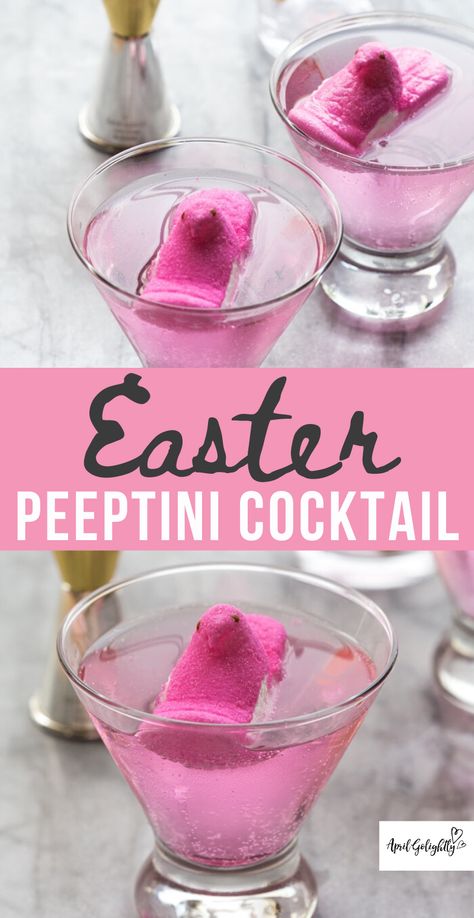 Peeptini Cocktails, Peeps Cocktail, Easter Alcoholic Drinks, Easter Cocktail Recipes, Easter Cocktail, Marshmallow Vodka, Easter Drink, Easter Cocktails, Whipped Vodka