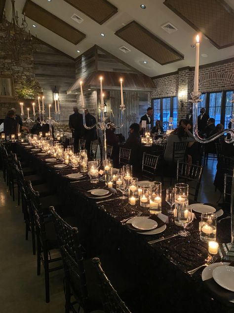 Black and white wedding reception. Black Velvet Tablecloth Wedding, Black Tablescape Wedding, Wedding Reception Black Tablecloths, Wedding Black Tablecloth, Black And White Wedding Tablescape, Black Candle Centerpieces, Black Candle Wedding, Black Table Linens Wedding, Lush Tablescape