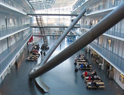 Parabolic Slides Tum University, Technical University Of Munich, German University, University Of Munich, Indoor Slides, Take The Stairs, School Building, Amazing Architecture, Munich