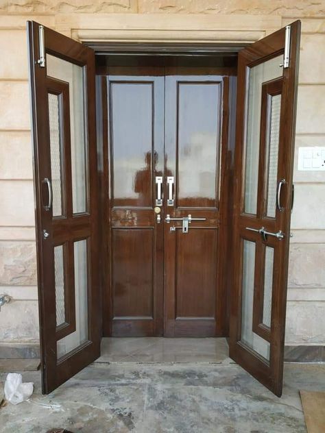 #Double door design PU finishing with double net door beautiful design glossy finishing if you want see more door design you wan't see more other design open my Pinterest profile and follow me on Pinterest Karan Jangid thank you Mesh Doors For Main Door, Double Jali Door Design Modern Wooden, Mesh Double Door Design Wooden, Jaali Door Design Wooden Double, Double Door Jali Design, Mesh Doors Design For Main Door, Double Door Design Wood Jali, Mesh Door Design Wooden, Net Door Design Wooden