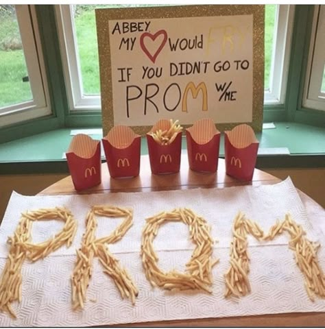 Fries Mcdonalds, Cute Hoco Proposals, Cute Promposals, Prom Captions, Prom Posters, Cute Homecoming Proposals, Cute Prom Proposals, Asking To Prom, Dance Proposal