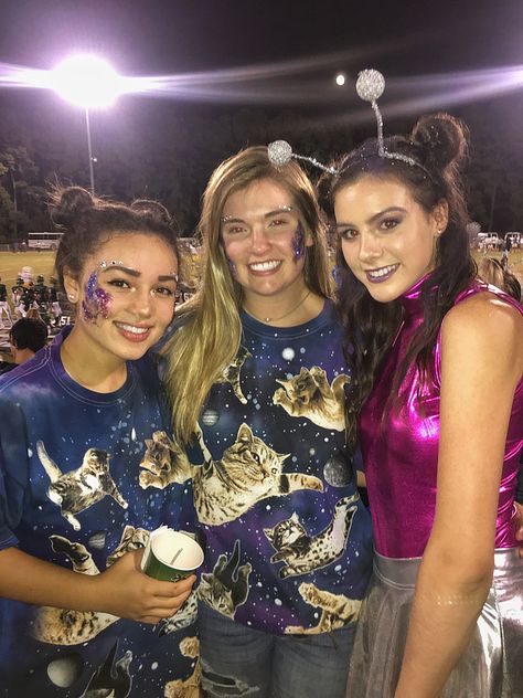 Galaxy themed football game!! Outer Space Football Game Theme Outfits, Space Football Game Theme, Space Theme Football Game Outfit, Space Themed Outfits, Hs Football, Homecoming Spirit Week, Football Dress, Space Costumes, Galaxy Outfit