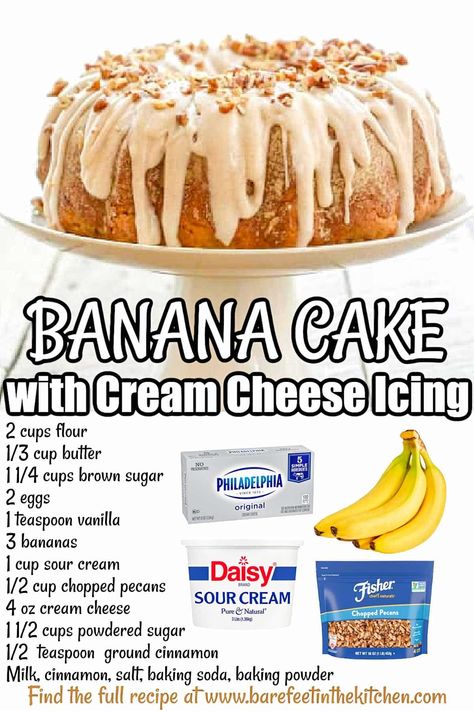 Banana Cake with Cream Cheese Icing - Barefeet In The Kitchen Moist Banana Cake, Sour Cream Banana Bread, Cake With Cream Cheese Icing, Banana Bundt Cake, Banana Bundt, Cake With Cinnamon, Peanut Butter Banana Bread, Banana Dessert Recipes, Cinnamon Cream Cheese