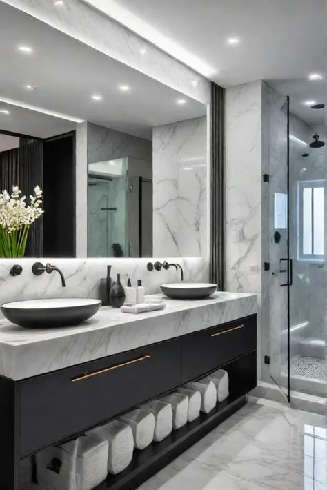 modern bathroom bright and spacious Bright Bathroom Design, Bathroom Lighting Ideas Vanities, Smallest Bathroom, Bathroom Bright, Luxury Small Bathroom, Toilet And Bath, Black Room Decor, Bathroom Redecorating, Gray And White Bathroom