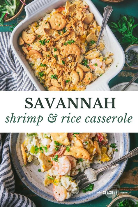 Southern comfort food at its best! This shrimp and rice casserole is creamy, cheesy, and finished with a buttery Ritz cracker topping. Best of all, the easy supper comes together in about 15 minutes, making it a delicious way to feed your family on busy nights. Shrimp And Rice Casserole, Ritz Cracker Topping, Frozen Cooked Shrimp, Shrimp Casserole, Wild Rice Casserole, Southern Comfort Food, Green Beans With Bacon, Ritz Cracker, Shrimp And Rice