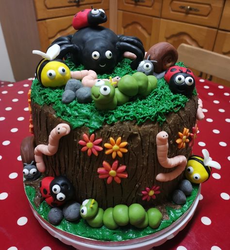 This cake was this year's creation for my girls' birthday celebrations. They asked for a bug-themed carrot cake and helped me with the plans of which bugs were to be included. Ant Birthday Cake, Bug Cake For Girls, Bug Theme Cake, Insect Cake Ideas, Bug Cakes For Boys, Bug Cake Ideas, Insect Birthday Cake, Insect Cake, Bugs Cake