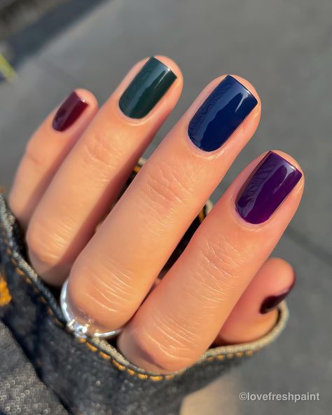 Vampy jewel tones for fall 🍂 But if I’m being honest, these are my favorite types of colors to wear year-round. 😮‍💨 On my nails: The… | Instagram Dark Purple And Blue Nails, Jewel Tone Nails Fall, Jewel Tone Nail Colors, Blue And Maroon Nails, Jewel Toned Nails, Cool Toned Nails, Deep Nail Colors, Cool Tone Nails, Square Autumn Nails