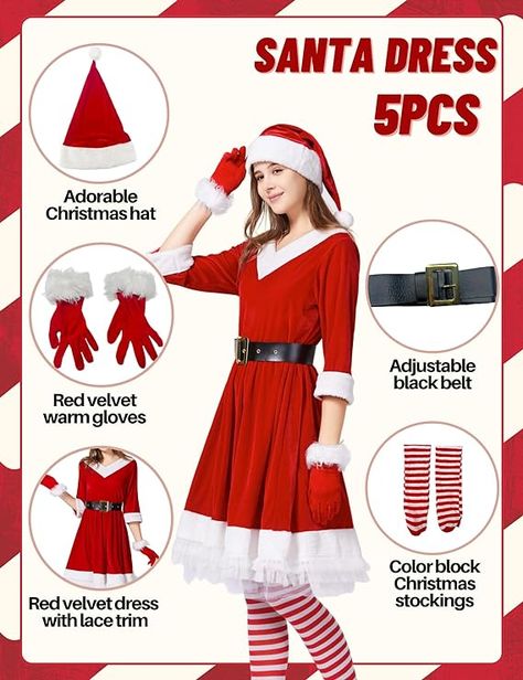 Mrs. Claus Costume for Women Christmas Santa Costume Dress Adult Plus Size Miss 5PCS Red Cosplay Outfit Xmas Party Miss Clause Costume, Christmas Dress Up Ideas For School, Christmas Elf Costume Diy, Santa Claus Costume Women Target, Mrs Clause Costume, Mrs Claus Costume, Mrs Claus Dress, Mrs Claus Outfit, Funny Christmas Costumes