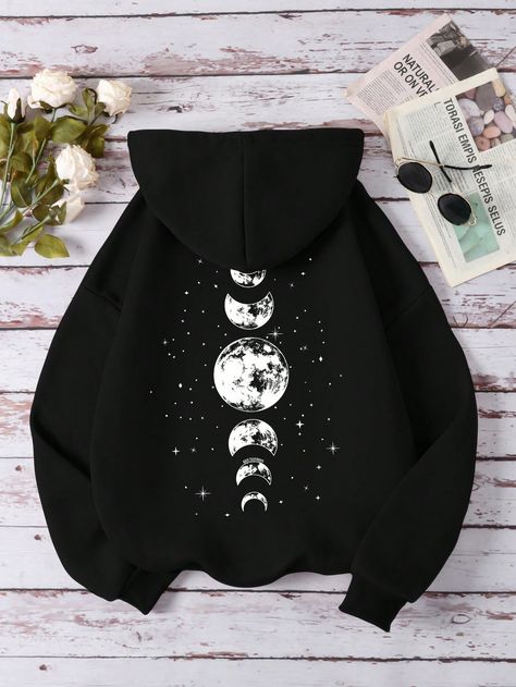 Black Casual Collar Long Sleeve Knitted Fabric Galaxy,Graphic Pullovers Embellished Slight Stretch All Women Plus Clothing Moon Clothes, Moon Hoodie, Plus Size Sweatshirts, Moon Print, Fleece Sweatshirt, Star Designs, Black Casual, Printed Design, Long Sleeve Knit