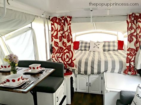 To keep your camper remodel on budget, use inexpensive dropcloths for most of the curtains in your pop up camper.  Save the expensive home decor fabric for accent curtains on the bunkends. Remodel Color Schemes, Pop Up Princess, Hybrid Camper, Pop Up Campers, Popup Camper Remodel, Vintage Camper Interior, Tent Trailer, Vintage Caravans, Popup Camper