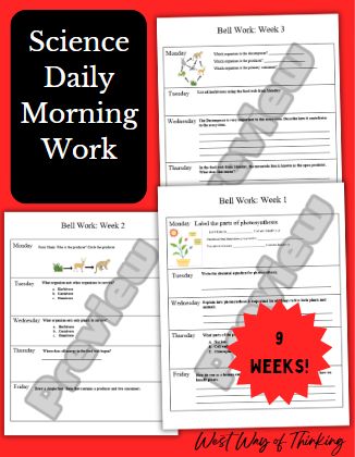 9 Weeks of daily science questions that could be used as a morning work packet or daily exit questions. They can also be used as weekly homework. This document was created on Microsoft Office which means once you download it, you can edit anything on it.

Monday-Friday
Daily question that students respond to
Unit 1= Life Science(Cells, Photosynthesis, food webs/chains, ecosystems, biomes) Food Webs, Weekly Homework, Science Cells, To Unit, Science Questions, Food Web, Photosynthesis, Morning Work, Microsoft Office