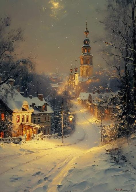 Christmas Village Painting, Winter Scenes Wonderland, Beautiful Winter Pictures, Beautiful Winter Scenes, Dark Christmas, Winter Illustration, Winter Painting, Autumn Scenery, Winter Scenery