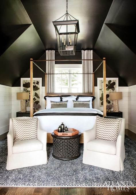 cashiers cool | Atlanta Home Magazine Modern Canopy Bed, Small Bedroom Makeover, Dark Accent Walls, Dark Ceiling, Attic Bedroom Designs, Attic Design, Small Bedrooms, Attic Bedrooms, Attic Bedroom