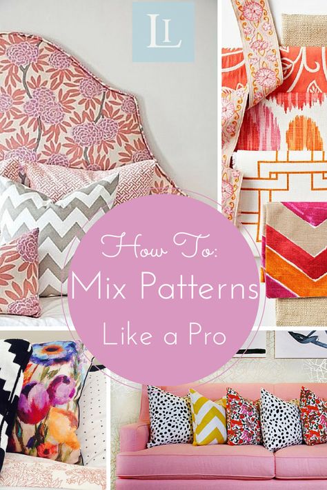 Pattern Playground: How to Mix Patterns in Your Home. Mixing patterns in a space is a great way to add interest, and personality while giving it a true designer look.  Here are a few guidelines to help you avoid a confused and uncoordinated look.  Keep in mind that the various patterns and colors don’t need to be matchy-matchy, they just need to jive well together. #interiordesign #patterns #decor Mixing Prints Living Room, Layering Patterns Decor, How To Mix Fabric Patterns, Mixing Wallpaper Patterns In One Room, Mixing Floral Patterns Decor, Mix Patterns Decor, Mixed Patterns Living Room, Pattern Mixing Bedding, How To Mix Patterns