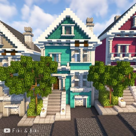 Tutorial for this build is on our YouTube channel: Fiki & Biki 🐔 (link in bio) Modern Row House, Minecraft Beach House, Minecraft Modern City, Case Minecraft, Minecraft City Buildings, Minecraft Town, Minecraft Structures, Minecraft Interior Design, Bangunan Minecraft