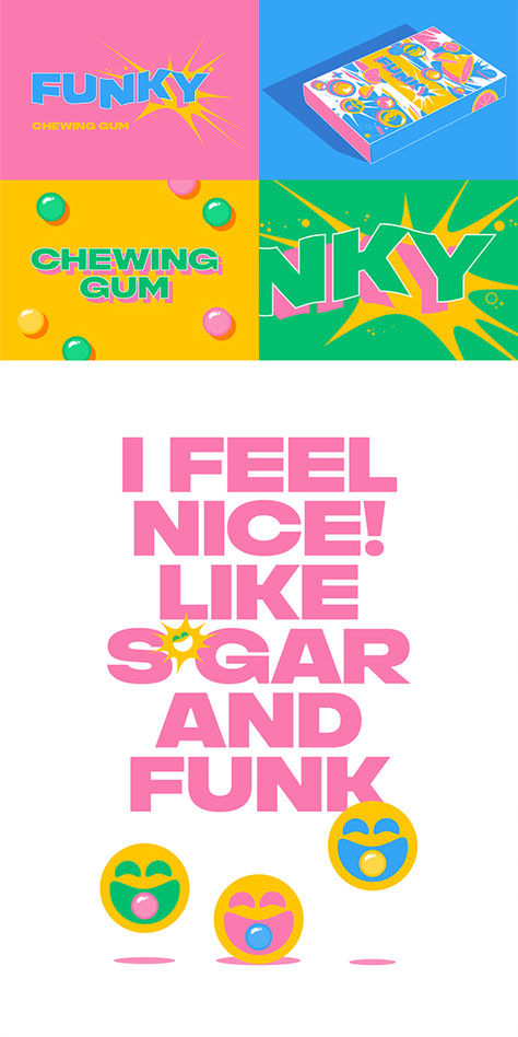 Funky Chewing Gum Branding Concept  Check the whole project in the link ;) Gum Branding, Joyful Branding, Funky Graphic Design, Quirky Branding, Funky Branding, Chewing Gum Brands, Cmyk Design, Gum Design, 90s Graphic Design