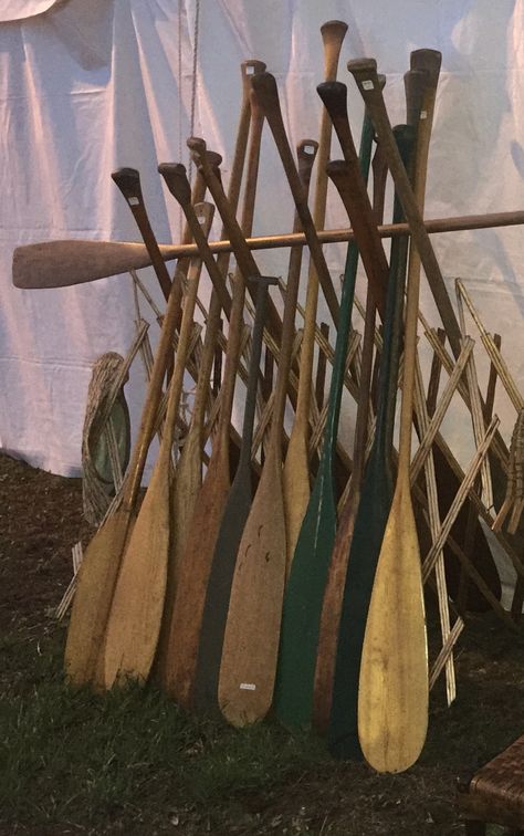 Vintage canoe paddles Christibys Booth, Brimfield Antique Show 2016 Vintage Canoe, Vintage Cabin Decor, Paddle Ideas, Canoe Paddles, Adirondack Style, Prairie Chic, Wooden Paddle, Camp Rock, Canoe Paddle