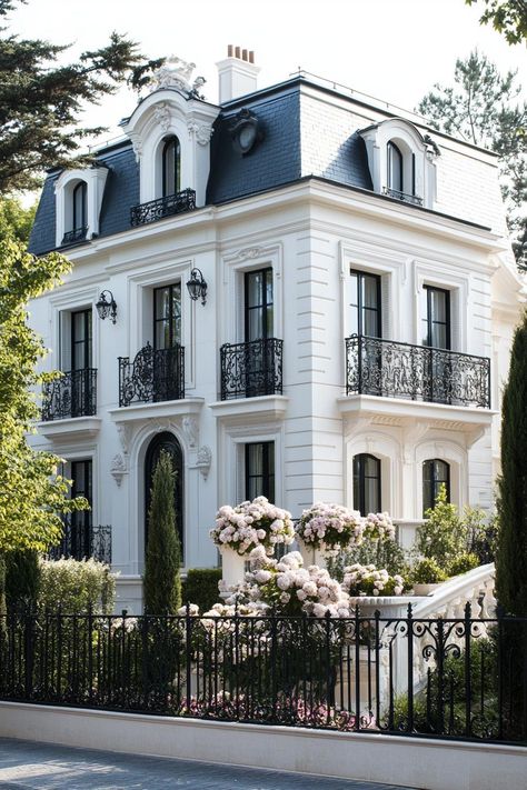 Modern white french mansion with black roof and iron balconies landscape with flowers. Let’s reveal the charming features, quirky details, and luxurious elegance of French mansions. French Home Architecture, Modern Mansion Landscaping, New Money House, French Apartment Exterior, French Villa Exterior, Parisian House Exterior, Parisian Exterior, French Normandy House, French Luxury Interior