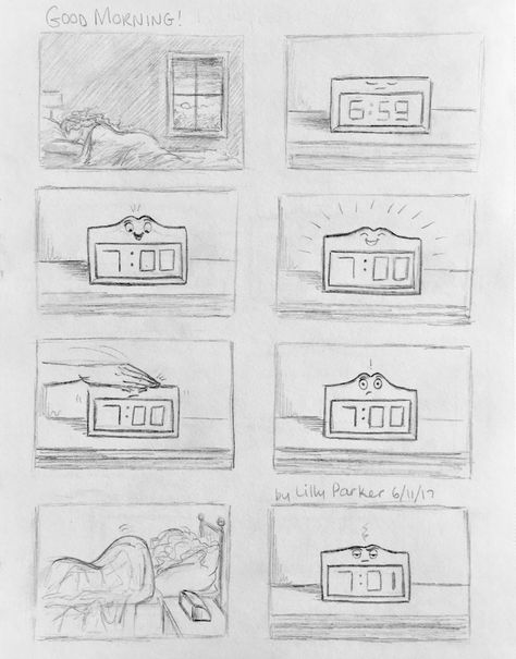 Sequential Drawing Nift, Story Board Sketch, Alarm Drawing, Story Board Drawing, Story Board Illustration Ideas, Sequential Drawing, Alarm Clock Drawing, Clock Drawing, Clock Drawings