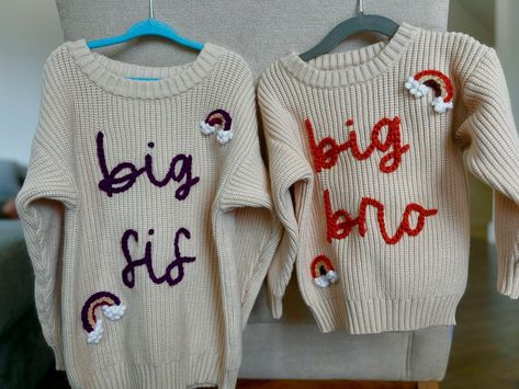 Two big siblings coming right up! It was so fun to make matching big sibling sweaters for these two! Plus to top it off, it’s for a rainbow baby 🥹 so so special. Peep the colour of that purple in the last slide! (The photos don’t do it justice) Details: both sweaters are beige with #3 font. Big sis is in chunky purple and big bro is in chunky pumpkin yarn! . . . #birthday #birthdayoutfit #birthdayclothes #firstbirthday #secondbirthday #thirdbirthday #personalized #embroidery #handembroider... Big Sis, Personalized Embroidery, Third Birthday, Rainbow Baby, A Rainbow, Birthday Outfit, Hand Embroidered, Do It, Yarn