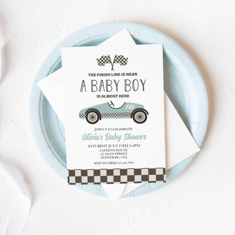 blue Race Car Baby Shower Invitation - Baby Shower Invitations Vintage Race Car Birthday, Blue Race Car, Racing Baby, Baby Shower Party Invitations, Cars Birthday Invitations, Blue Baby Shower Invitations, Vintage Birthday Cards, Baby Shower Invitaciones, Car Birthday