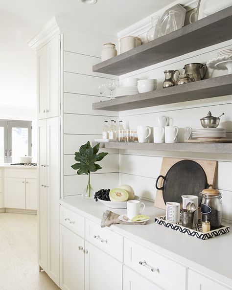 Shelves stained Classic Gray by Minwax. Round metal tray with handles is from Crate and Barrel. Knobs and acrylic pulls from Restoration Hardware. Kitchen Open Shelves, Shelving Storage, Kitchen Glass, Open Kitchen Shelves, Classic Kitchen, Restaurant Kitchen, Open Kitchen, Kitchen Shelves, Restoration Hardware