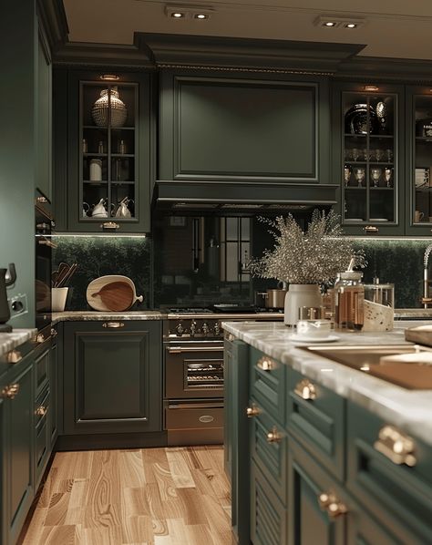 Reviving Elegance: How to Design a Victorian Kitchen Victorian Kitchen Aesthetic, Victorian Kitchen Design, Modern Victorian Kitchen, Dark Academia Kitchen, Victorian Style Kitchen, Victorian Kitchens, Kitchen Pop, Dark Green Kitchen, Victorian Interior