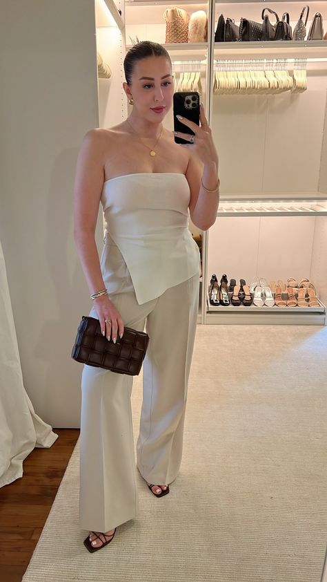 Styling With Kenzie, Wide Shoulders Women Outfits, Bottega Handbag, Strapless Top Outfit, Minimal Summer Outfit, Neutrals Outfit, Summer Outfit Style, Thick Earrings, White Ribbed Top