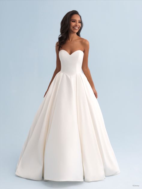 The off-the-shoulder Mikado ball gown wedding dress is utterly captivating. An incredible illusion train is paired with a structured bow at the waist and corset closure bodice. Disney Inspired Wedding Dresses, Disney Fairytale Wedding Dress, Belle Gown, Disney Inspired Wedding, Disney Wedding Dresses, Disney Fairy Tale Weddings, Wedding Silhouette, Allure Bridals, Bridal Ball Gown