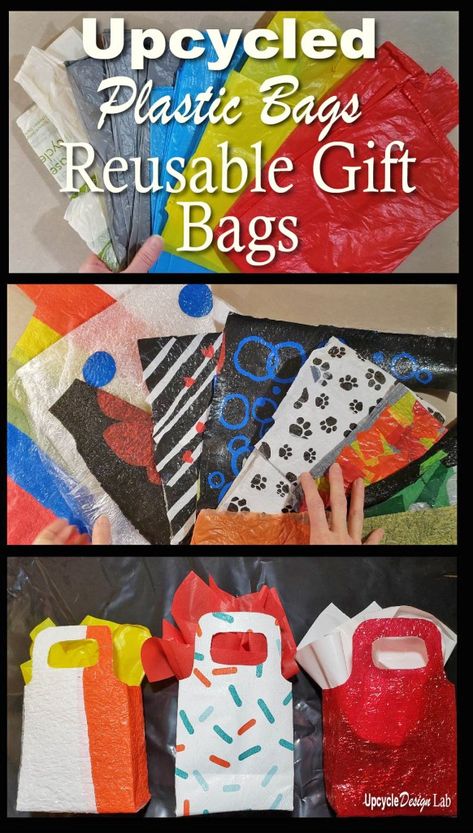 Fused Plastic Bag Crafts, Plastic Bag Fabric, Upcycle Plastic Bags, Plastic Bag Art, Plastic Fusing, Diy Recycle Plastic, Gift Wrap Diy, Upcycle Paper, Reusable Wrapping