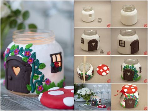 How to make a clay cottage using polymer diy diy ideas diy crafts do it yourself cute crafts polymer clay cottage Candle Projects, Diy Bricolage, Cool Art Projects, Mushroom House, Jar Diy, Diy House Projects, Home Candles, Jar Crafts, Polymer Clay Crafts