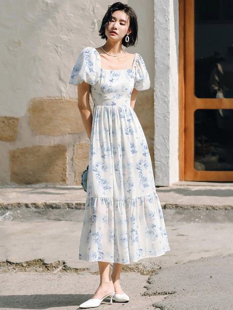 Formal Dress Puffy Sleeves, Floral Dress Puffy Sleeves, Casual Long Dress Outfit Summer, Cute Puffy Dresses, ဂါဝန် Pattern, Puffy Long Dress, Bday Dresses For Women, Puff Long Dress, Shoulder Puff Dress