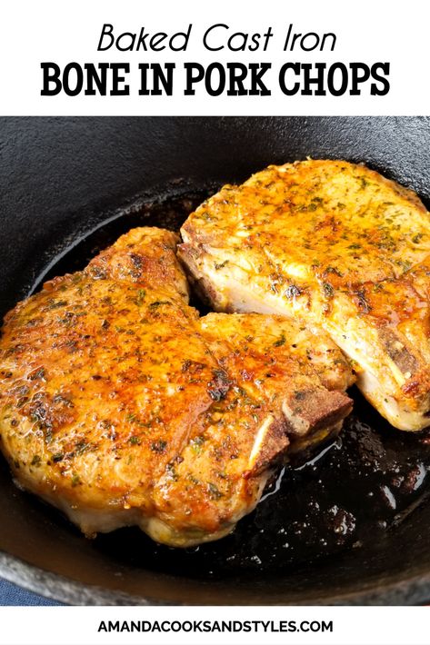 BAKED CAST IRON BONE IN PORK CHOPS Pork Chops Mustard, Cast Iron Pork Chops, Oven Roasted Pork Chops, Skillet Pork Chop Recipes, Cast Iron Skillet Recipes Dinner, Pork Chops Bone In, Oven Pork Chops, Brown Sugar Pork Chops, Bone In Pork Chops