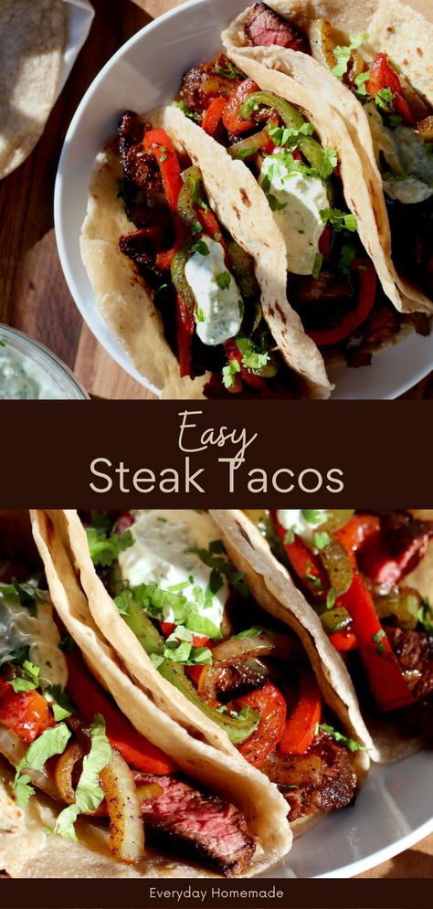 Indulge in a mouthwatering dinner with these easy steak tacos! This quick recipe features succulent flank or skirt beef, seasoned to perfection with homemade fajita seasoning. Sautéed with vibrant bell peppers and onions on the stovetop in a skillet, these tacos are ready in just 30 minutes. Enjoy a simple and delicious meal that's perfect for busy evenings. Find more dinner ideas and elevate your weeknight with these flavorful and satisfying steak tacos. Top Round Steak Taco Recipes, Beef Steak Fajitas, Beef Steak Tacos Recipes, Top Sirloin Steak Tacos, Street Tacos Recipe Steak, Beef Fajita Tacos, Steak Fajita Tacos, Sirloin Steak Tacos Recipes, Steak Tacos Recipes Easy