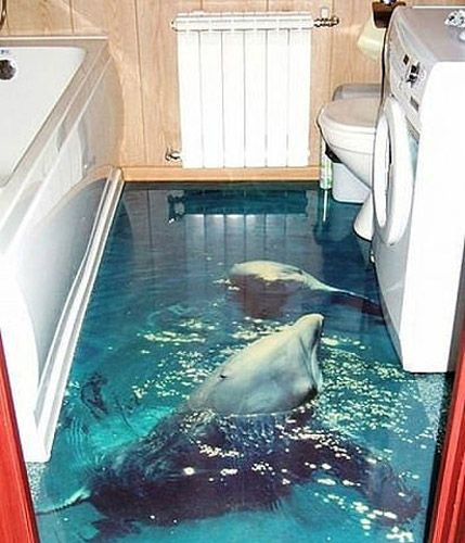 dolphins in blue water image for self leveling floor in bathroom Contemporary Flooring Ideas, 3d Floor Art, Self Leveling Floor, Epoxy 3d, Epoxy Floor 3d, Clever Bathroom Storage, 3d Flooring, Foto 3d, Floor Graphics