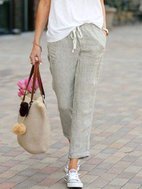 Grey Linen Pants Outfit, Linen Pants Outfit, Casual Linen Pants, Cotton Linen Pants, Solid Leggings, Linen Casual, Over 50 Womens Fashion, Maxi Robes, Cotton Bottoms