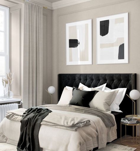 Bedroom With Black Headboard, Black Beige Bedroom, Grey Beige Bedroom, Beige Black Bedroom, Black And Beige Bedroom, Beige And Black Bedroom, Black Headboard Bedroom, Beige Walls Bedroom, Charcoal Bedroom