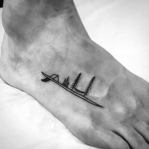 Guys Camping Small Nature Foot Tattoo Small Nature Tattoo, Outdoor Tattoo, A Small Tattoo, Camping Tattoo, Small Foot Tattoos, Surf Tattoo, Tatuagem Masculina Pequena, Foot Tattoos For Women, Outdoors Tattoo