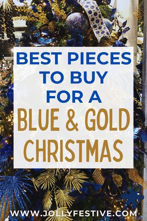 Discover the ultimate holiday décor secret with our gold and blue Christmas ideas! We've gathered the best inspiration for a festive and elegant Christmas atmosphere in your home. Learn how to mix and match textures, colours, and patterns to create a breath-taking ambiance that will leave your guests in awe. Follow our expert advice and make your Christmas truly special this year! Blue Copper Christmas Tree, Dark Blue And Gold Christmas Decor, Red Blue Green Gold Christmas Tree Ideas, Blue And Yellow Christmas Decor, Blue And Gold Christmas Decorations, Blue Christmas Trees Ideas, Royal Blue And Gold Christmas Decor, Blue And Gold Christmas Tree Decorations, Blue Gold White Christmas Tree