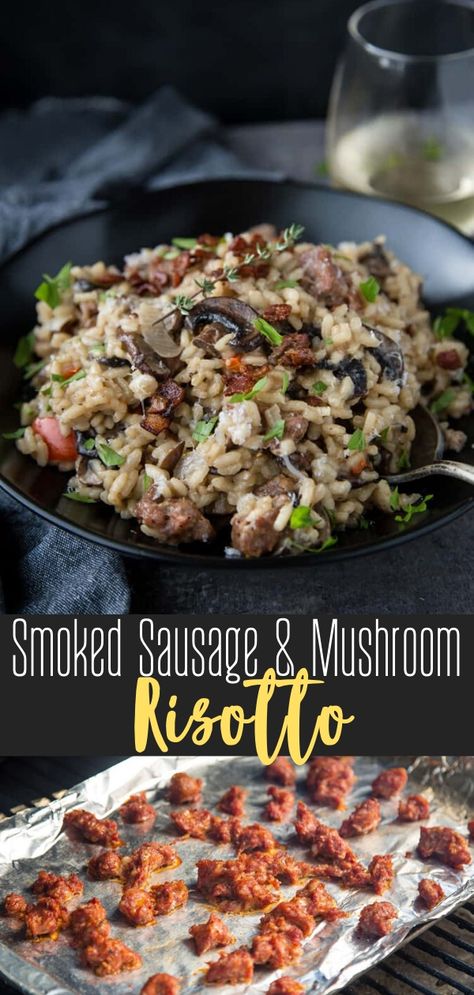 Risotto made with smoked sausage and mushrooms makes a great dinner for smoked food lovers. #risotto #smokedsausage #mushroomrisotto #vindulge Sausage And Mushrooms, How To Make Risotto, Mushroom Risotto Recipes, Meat Casserole, Homemade Comfort Food, Best Chili Recipe, Smoked Food, Ground Italian Sausage, Mushroom Risotto