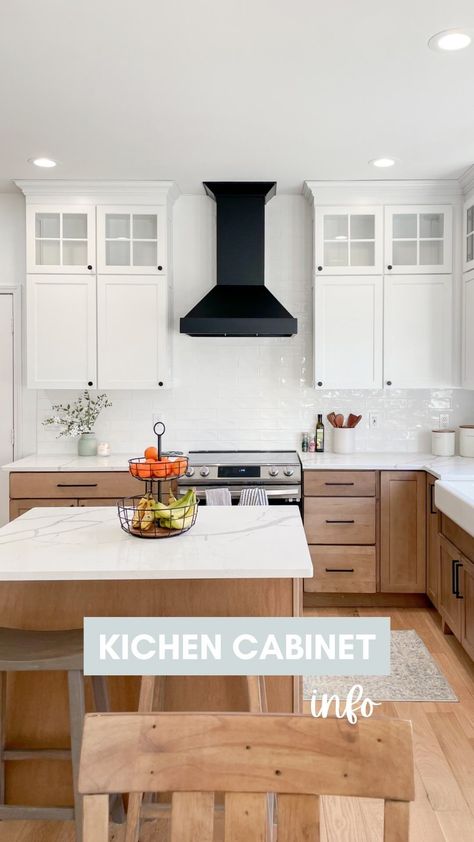 Liz Pacini | DIY Tutorials + Home Design | Kitchen cabinet details ✨ • lowers are Husk stain on Maple wood • uppers are Dove White These are by @kraftmaid!! What other kitchen… | Instagram White And Brown Cabinets Kitchen, Kraft Made Kitchen Cabinets, Wood Lower Cabinets White Upper, Two Tone Kitchen Cabinets Wood, White Upper Cabinets Wood Lower, Stain On Maple Wood, Small L Shaped Kitchens, Natural Wood Kitchen Cabinets, Kraftmaid Kitchen Cabinets