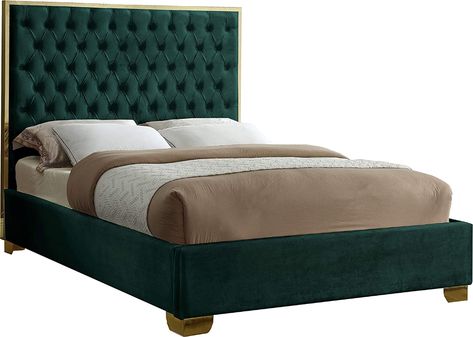 AmazonSmile: Meridian Furniture Lana Collection Modern | Contemporary Velvet Upholstered Bed with Deep Detailed Tufting and Gold Legs, Queen, Green: Furniture & Decor Black Velvet Bed, Black Queen Bed, White Queen Bed, King Storage Bed, Design Your Bedroom, Bed Parts, Velvet Upholstered Bed, Tall Headboard, Tufted Bed