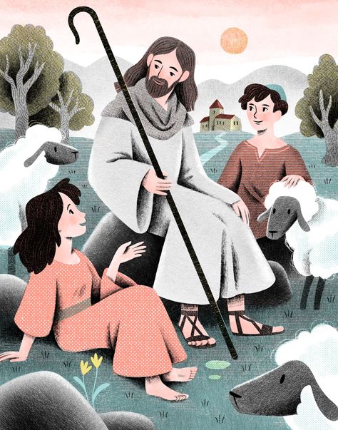 Jesus Shepherd, Jesus Illustration, Sheep Illustration, Christian Illustration, He Loves Us, Lost Sheep, The Lost Sheep, Sheep Art, Unicorn Illustration