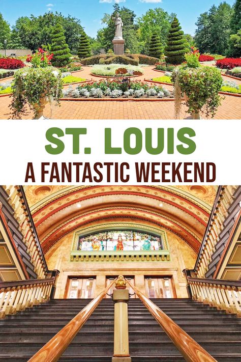 Two scenes from St. Louis, Missouri, the geodesic dome at the botanical gardens, and the stairway from Union Station, with a white banner with green and black words, that says:  St. Louis, a fantastic weekend. Things To Do In St Louis Missouri, Travel Missouri, Travel 2024, Springfield Illinois, Midwest Travel, Visit Usa, Usa Cities, Travel Bucket List Usa, Weekend Itinerary