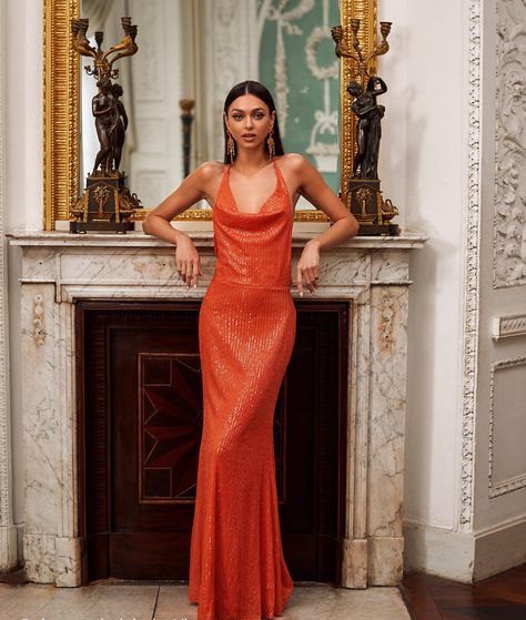 Orange Formal Dresses, Orange Gown, Stella Dress, Sequin Prom Dress, Cowl Neck Dress, Sequin Fabric, Long Sleeve Midi Dress, Orange Dress, Halter Neckline